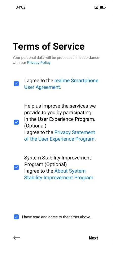Terms of Service Realme Setup